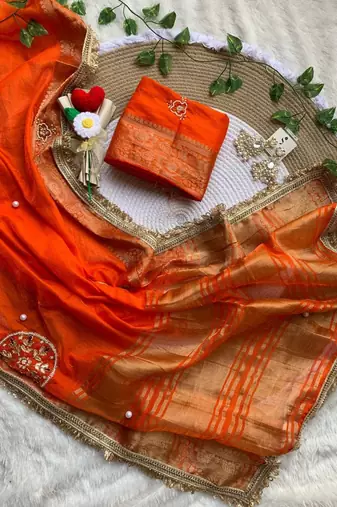 Orange Color weaving jacquard border and sequence lace border Satin saree
