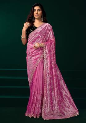 Light pink embroidered embellished bollywood net saree with blouse 1