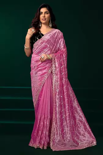 Light pink embroidered embellished bollywood net saree with blouse