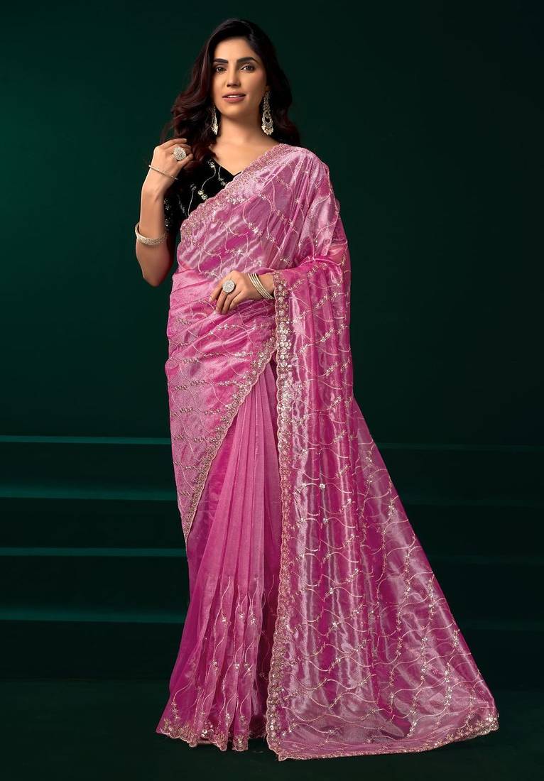 Light pink embroidered embellished bollywood net saree with blouse