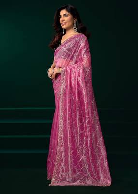 Light pink embroidered embellished bollywood net saree with blouse 3