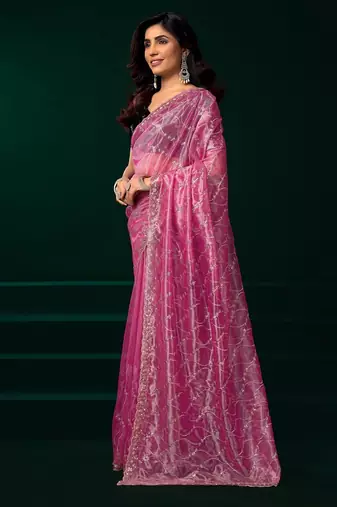 Light pink embroidered embellished bollywood net saree with blouse