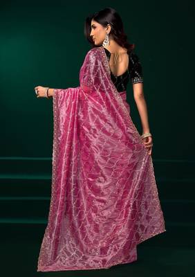 Light pink embroidered embellished bollywood net saree with blouse 4