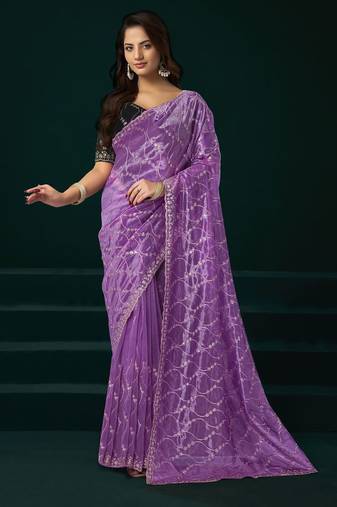 Light purple embroidered embellished bollywood net saree with blouse