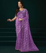 Light purple embroidered embellished bollywood net saree with blouse