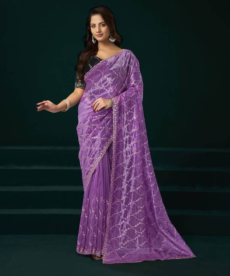 Light purple embroidered embellished bollywood net saree with blouse