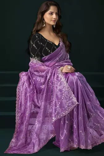 Light purple embroidered embellished bollywood net saree with blouse