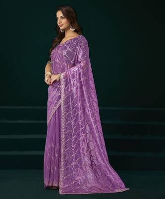 Light purple embroidered embellished bollywood net saree with blouse 3