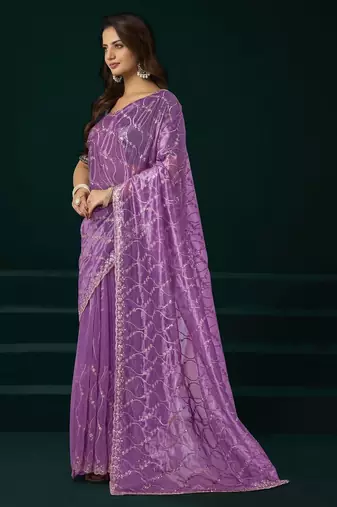 Light purple embroidered embellished bollywood net saree with blouse