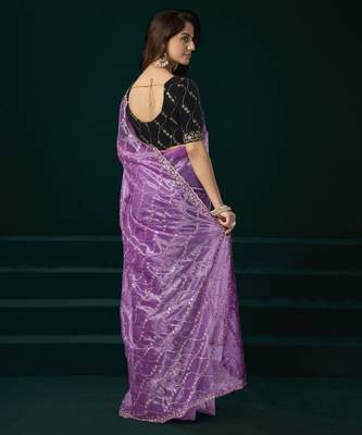 Light purple embroidered embellished bollywood net saree with blouse 4