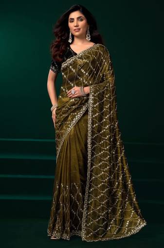 Mehendi embroidered embellished bollywood net saree with blouse