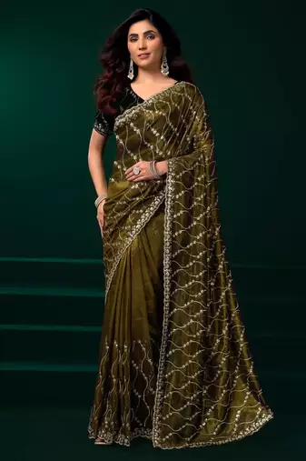 Mehendi embroidered embellished bollywood net saree with blouse