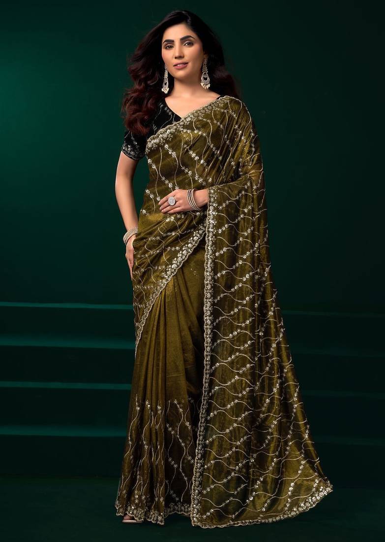 Mehendi embroidered embellished bollywood net saree with blouse