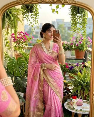 Pink Color weaving jacquard border and sequence lace border Satin saree 1