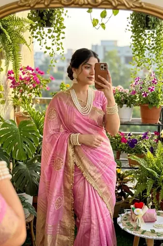 Pink Color weaving jacquard border and sequence lace border Satin saree