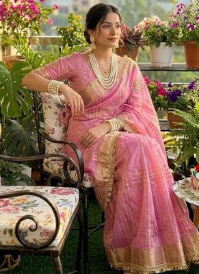 Pink Color weaving jacquard border and sequence lace border Satin saree 2