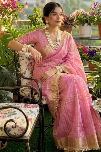 Pink Color weaving jacquard border and sequence lace border Satin saree