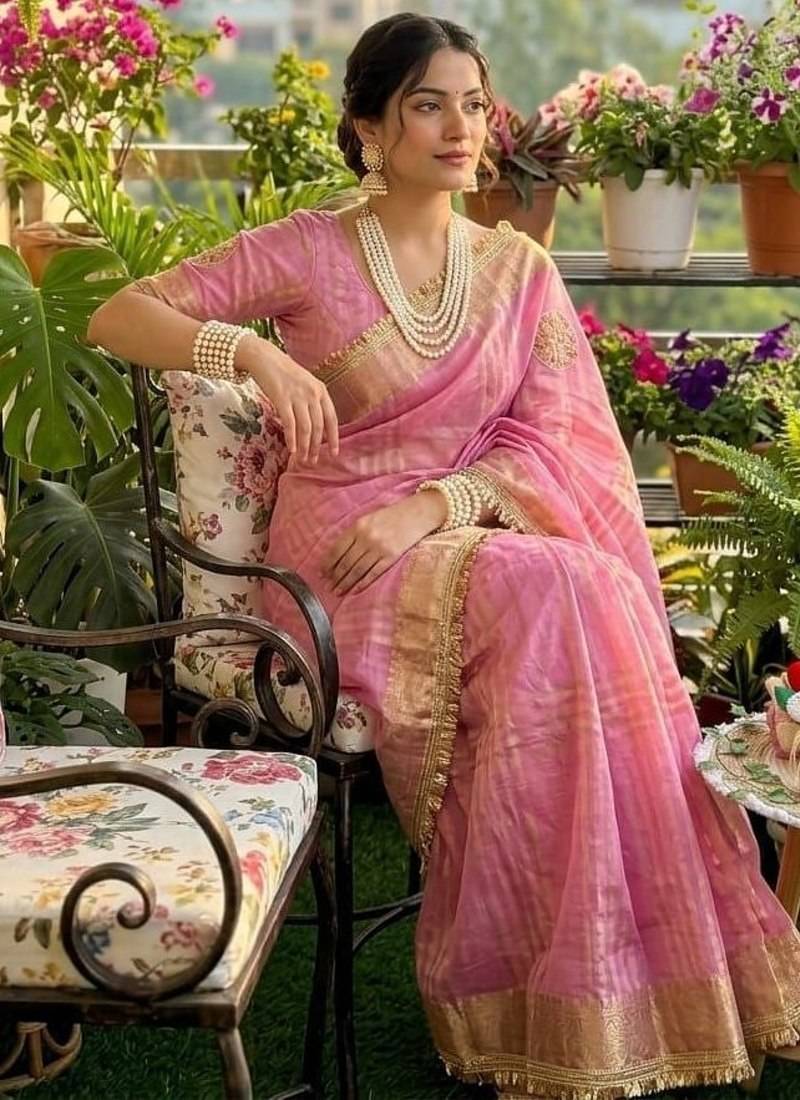 Pink Color weaving jacquard border and sequence lace border Satin saree