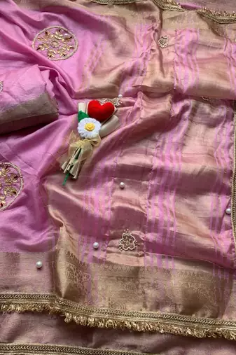 Pink Color weaving jacquard border and sequence lace border Satin saree