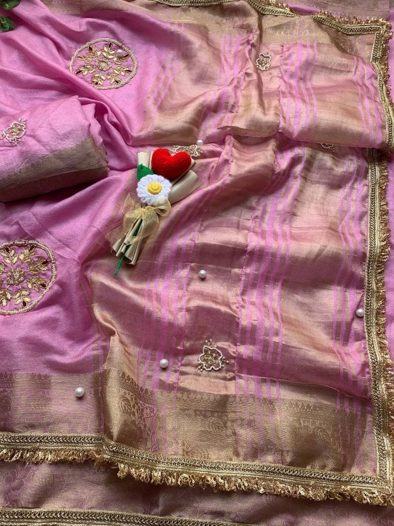 Pink Color weaving jacquard border and sequence lace border Satin saree