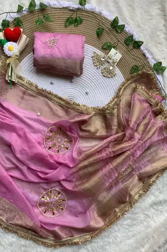 Pink Color weaving jacquard border and sequence lace border Satin saree