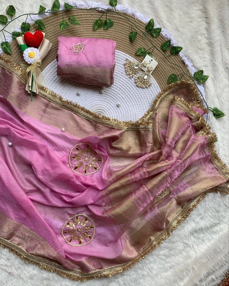 Pink Color weaving jacquard border and sequence lace border Satin saree