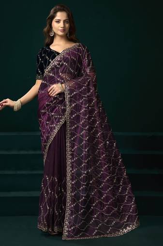 Purple embroidered embellished bollywood net saree with blouse