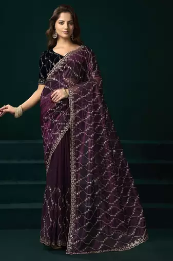 Purple embroidered embellished bollywood net saree with blouse