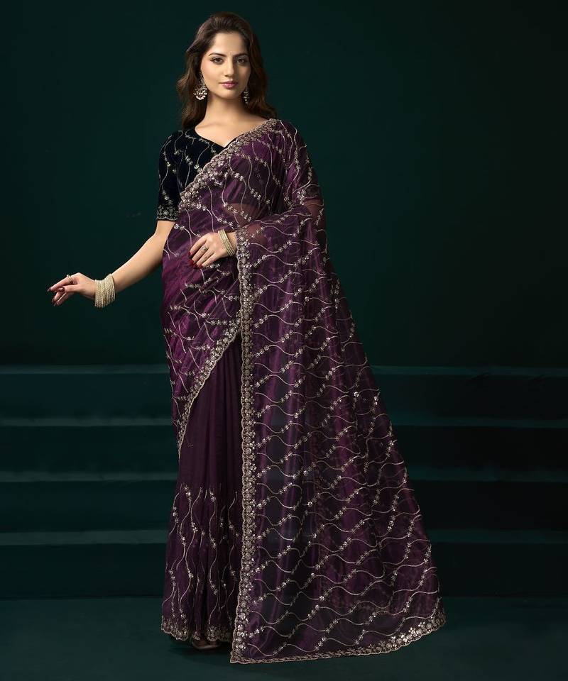 Purple embroidered embellished bollywood net saree with blouse