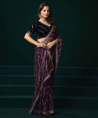 Purple embroidered embellished bollywood net saree with blouse 2