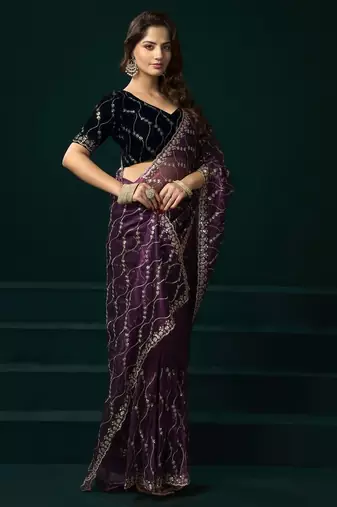 Purple embroidered embellished bollywood net saree with blouse
