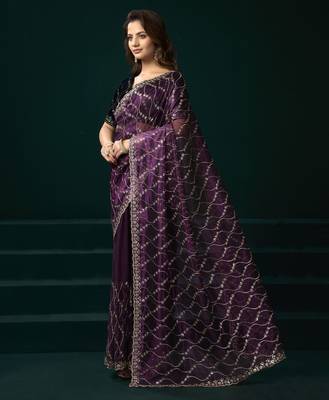Purple embroidered embellished bollywood net saree with blouse 3
