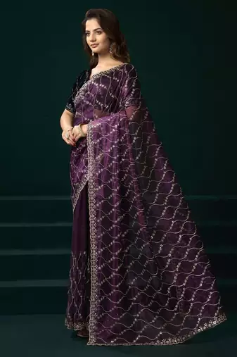 Purple embroidered embellished bollywood net saree with blouse