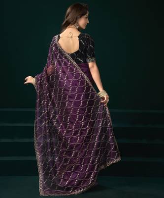 Purple embroidered embellished bollywood net saree with blouse 4