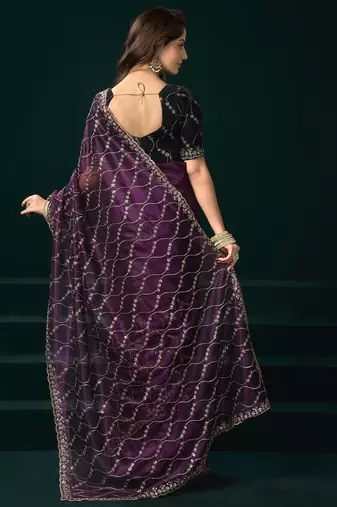 Purple embroidered embellished bollywood net saree with blouse