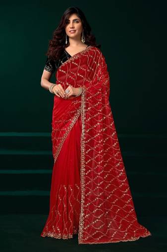 Red embroidered embellished bollywood net saree with blouse