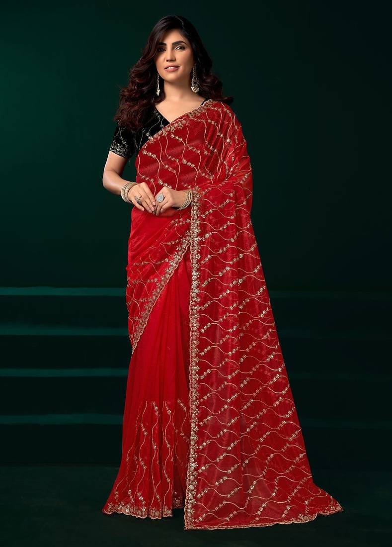 Red embroidered embellished bollywood net saree with blouse
