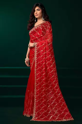 Red embroidered embellished bollywood net saree with blouse