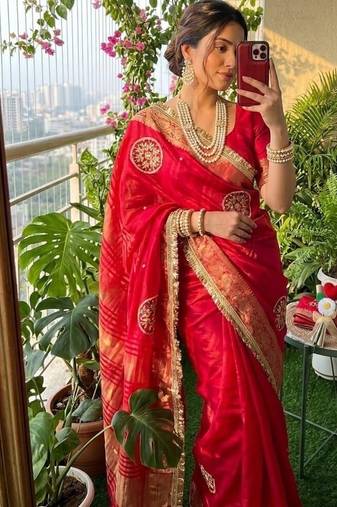 Red Color weaving jacquard border and sequence lace border Satin saree