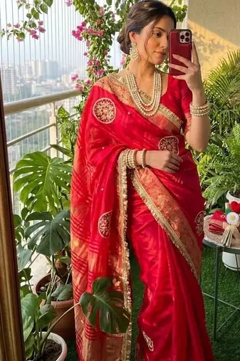 Red Color weaving jacquard border and sequence lace border Satin saree