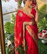 Red Color weaving jacquard border and sequence lace border Satin saree