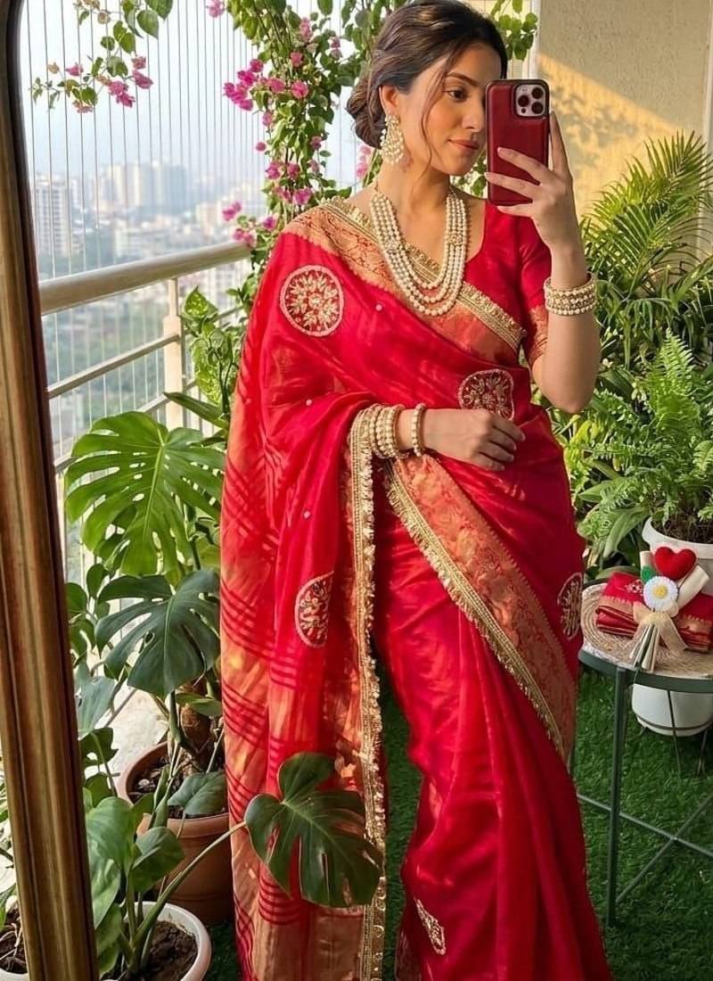 Red Color weaving jacquard border and sequence lace border Satin saree