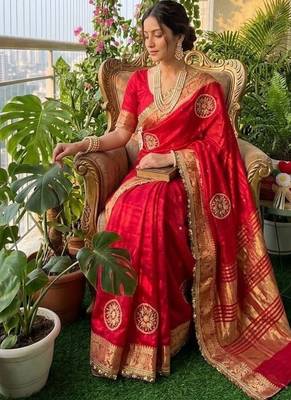 Red Color weaving jacquard border and sequence lace border Satin saree 2