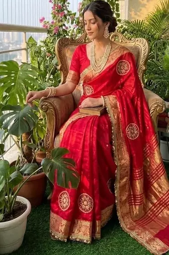 Red Color weaving jacquard border and sequence lace border Satin saree