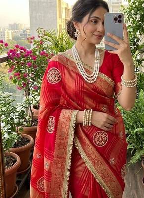 Red Color weaving jacquard border and sequence lace border Satin saree 3