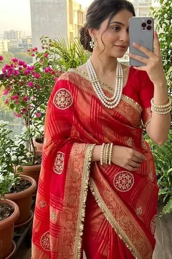 Red Color weaving jacquard border and sequence lace border Satin saree