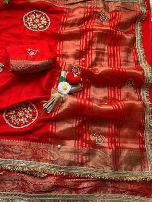 Red Color weaving jacquard border and sequence lace border Satin saree 4