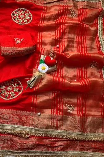 Red Color weaving jacquard border and sequence lace border Satin saree
