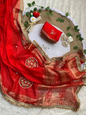 Red Color weaving jacquard border and sequence lace border Satin saree 5