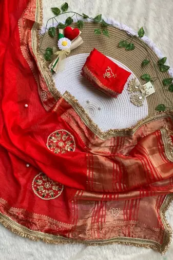Red Color weaving jacquard border and sequence lace border Satin saree